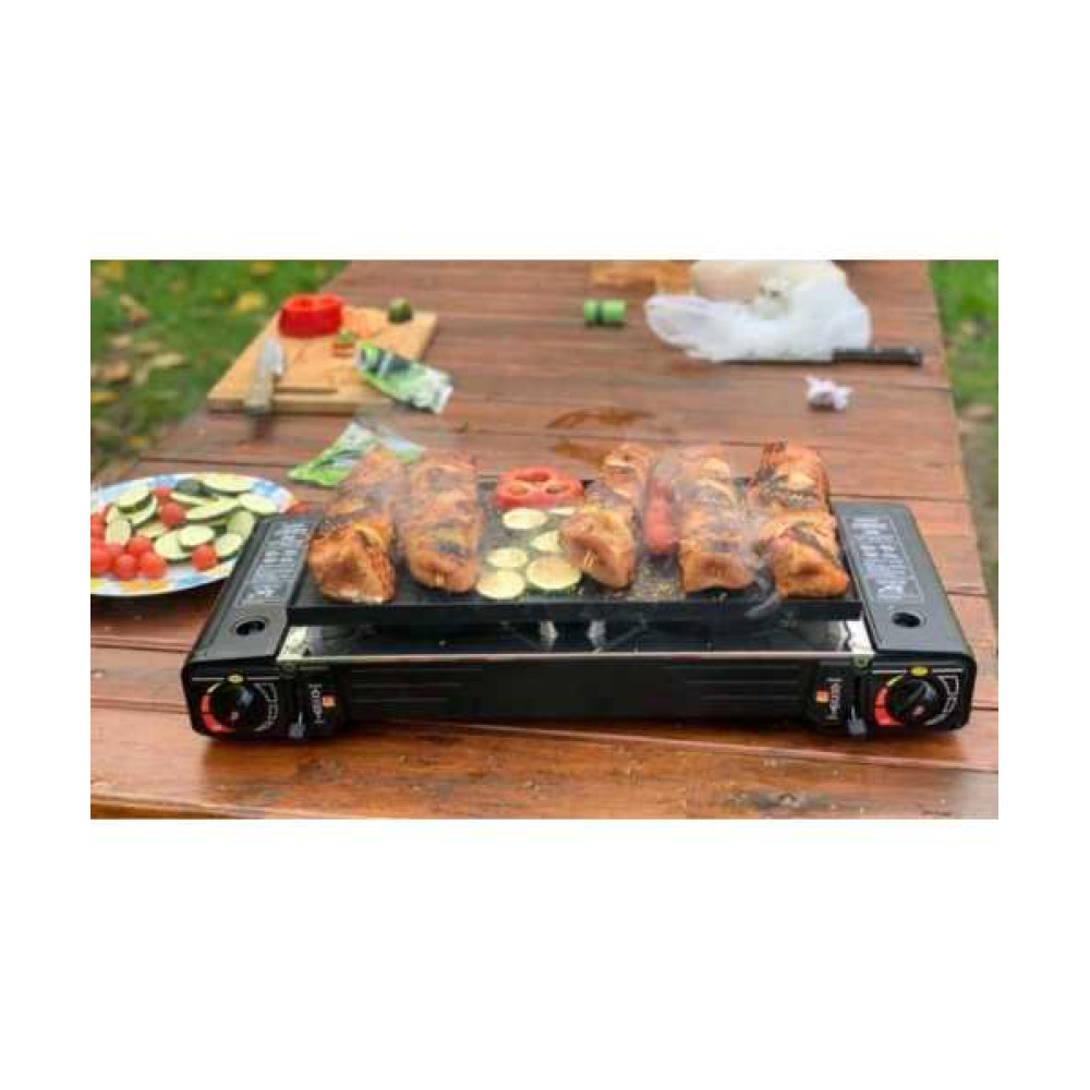 Plynový vařič dvouplotýnkový s grilem + 12 kartuší